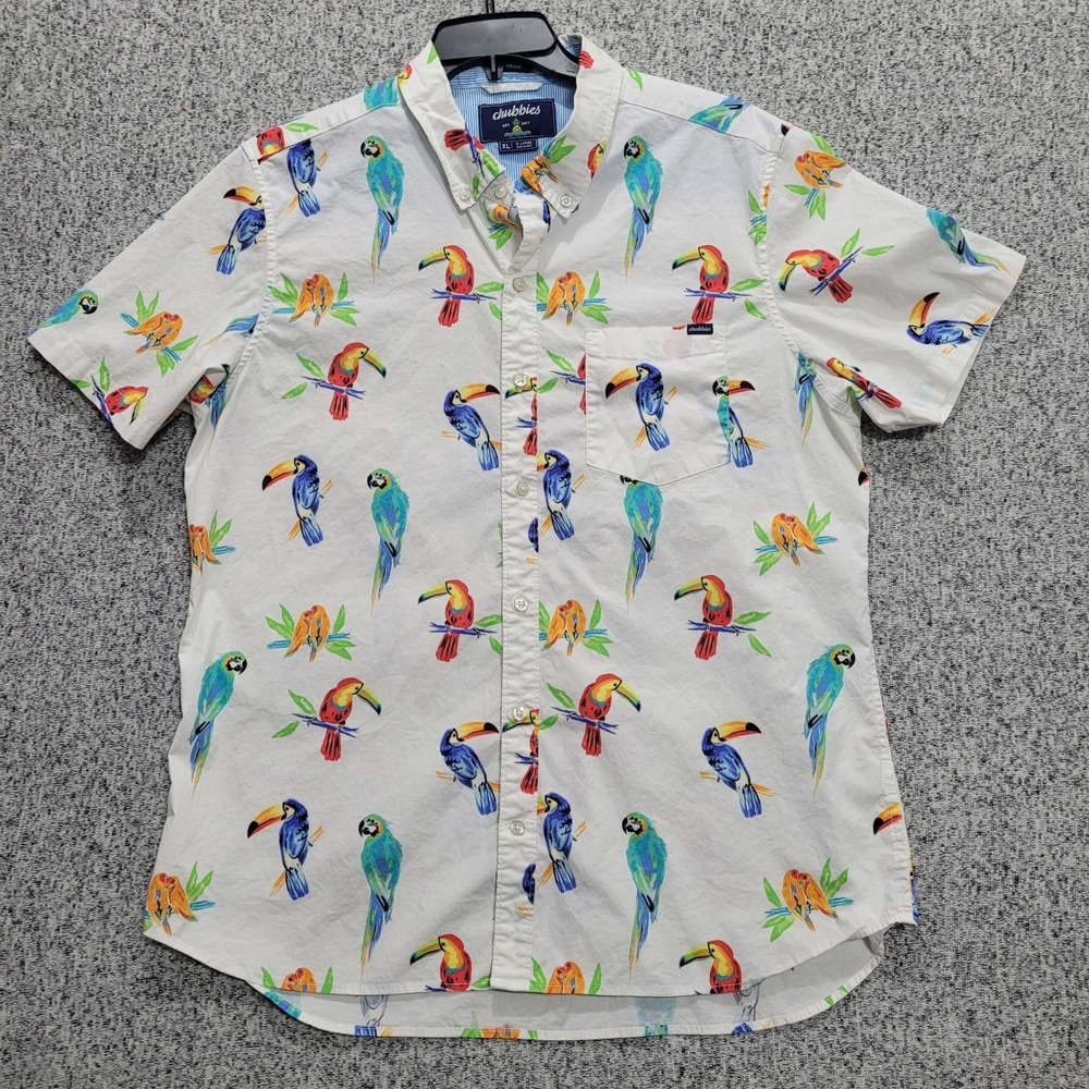 Chubbies Mens XL Friday Shirt Short Sleeve Button Tropical Bird Toucan White - Picture 1 of 10